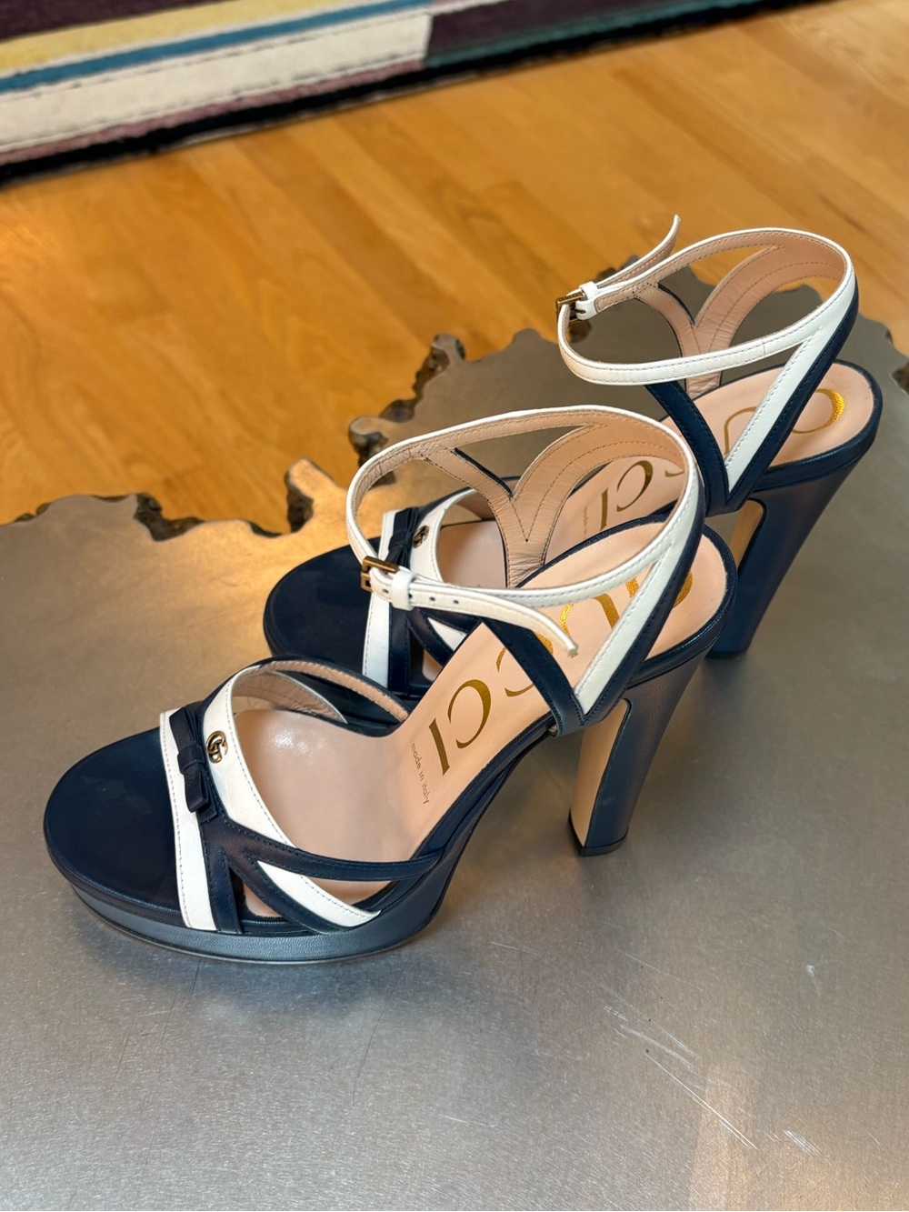 Gucci Navy and White Platform Ankle-Strap Heels Never Worn - Picture 2 of 6